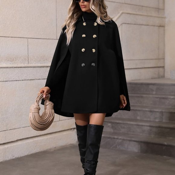 Black Casual Womens Double Breasted Cloak Sleeve Cape Overcoat